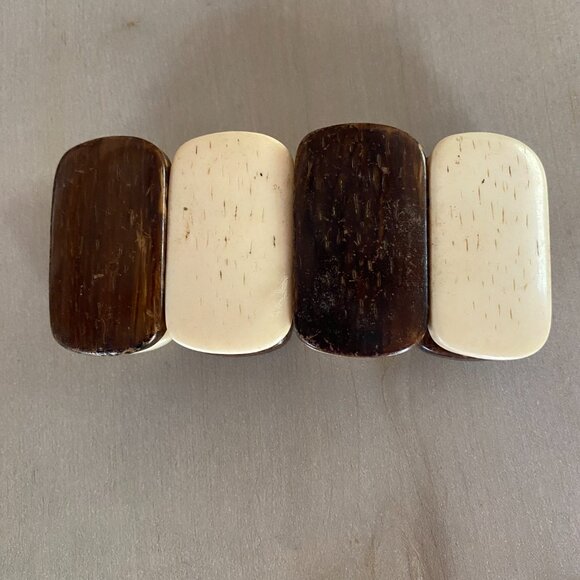 Vintage Brown Cream Chunky Cow Bone Panel Stretch Bracelet Boho Earthy Tribal - Picture 4 of 10